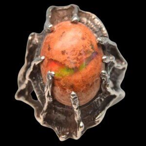 Antique Brown Opal & Silver Ring Handcrafted Art Nouveau Arts & Craft Era